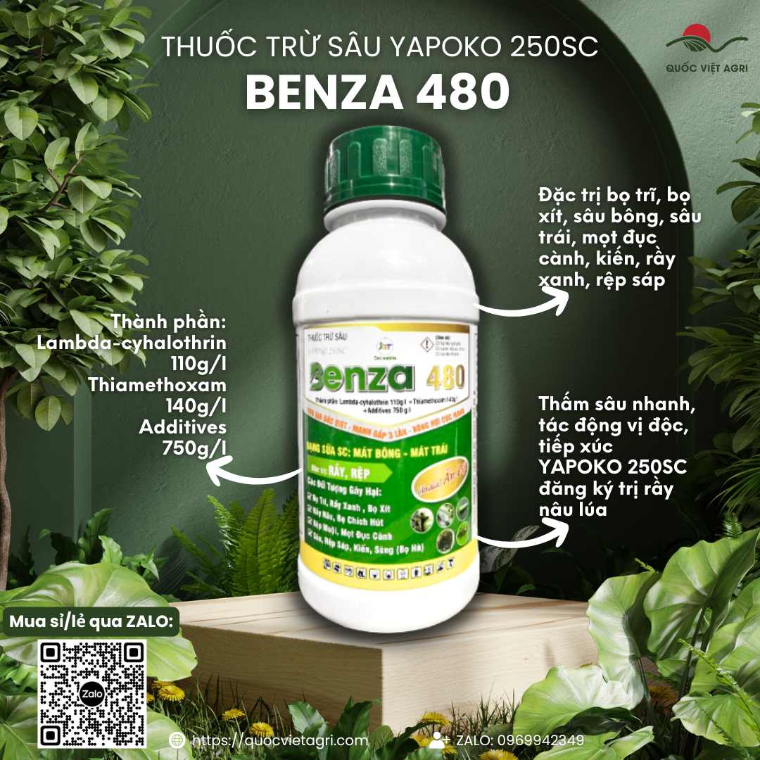 Mặt trước chai thuốc trừ sâu Yapoko 250SC 450ml, chuyên dùng để đặc trị rầy, rệp, bọ trĩ, sản phẩm chính hãng của Quốc Việt Agri.