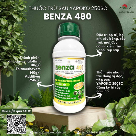 Mặt trước chai thuốc trừ sâu Yapoko 250SC 450ml, chuyên dùng để đặc trị rầy, rệp, bọ trĩ, sản phẩm chính hãng của Quốc Việt Agri.