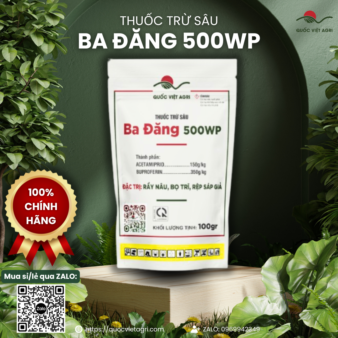 Mặt trước gói thuốc trừ sâu Ba Đăng 500WP 100g với thiết kế bao bì Metalize 3 lớp mới, sáng bóng và chắc chắn. Với cam kết chính hãng