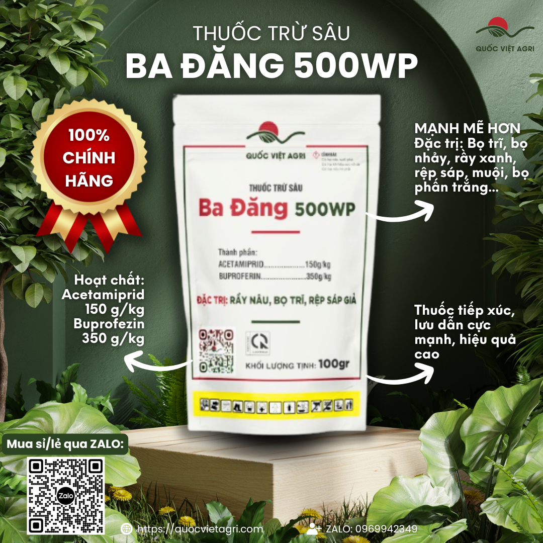 Mặt trước gói thuốc trừ sâu Ba Đăng 500WP 100g với thiết kế bao bì Metalize 3 lớp mới, sáng bóng và chắc chắn.