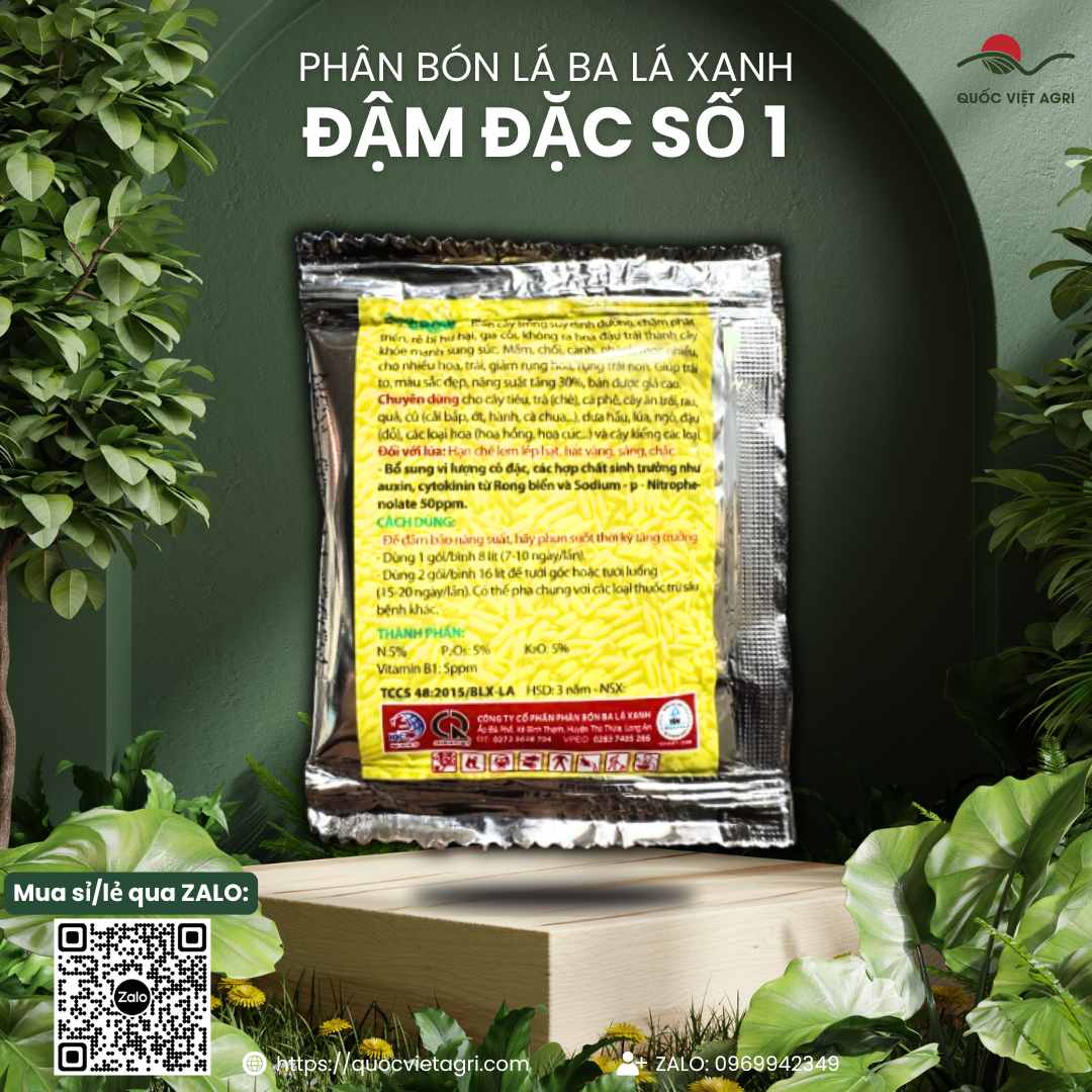 Mặt sau gói phân bón lá Thần Dược Ba Lá Xanh Số 1, hiển thị thông tin thành phần NPK, Vitamin B1 và hướng dẫn sử dụng.