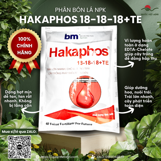 HAKAPHOS 18-18-18+TE (Gói 500g) – Phân Bón Lá NPK Cân Đối, Dưỡng Hoa Nuôi Trái - Quốc Việt Agri