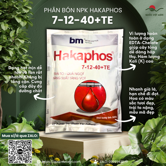 Mặt trước gói phân bón lá HAKAPHOS 7-12-40+TE 500g, nhãn hiệu Behn Meyer rõ ràng, phân phối bởi Quốc Việt Agri.