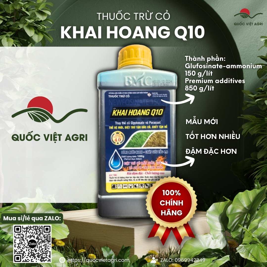 Mặt trước chai thuốc trừ cỏ Khai Hoang Q10 900ml, chuyên dùng để diệt cỏ khai hoang, cỏ tranh, công nghệ Delta Thụy Sĩ.