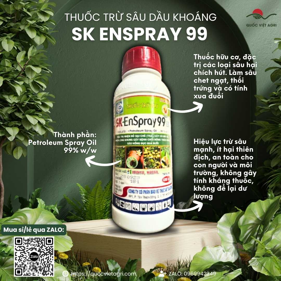 Mặt trước chai dầu khoáng hữu cơ SK Enspray 99EC 480ml, chuyên dùng để đặc trị nhện đỏ, sâu hồng, sản phẩm nhập khẩu từ Hàn Quốc.