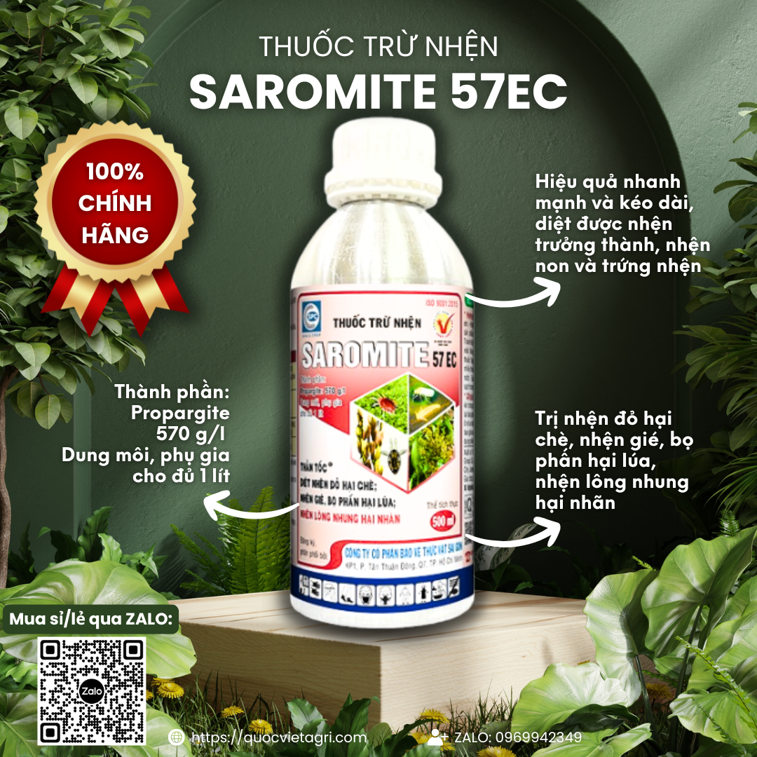 Mặt trước chai thuốc trừ nhện SAROMITE 57EC 500ml, rõ thương hiệu, hoạt chất và công dụng chính.