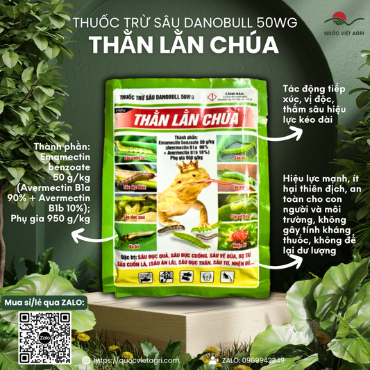 Mặt trước gói thuốc trừ sâu sinh học DANOBULL 50WG (THẰN LẰN CHÚA) 100g, nhãn hiệu rõ ràng, sản phẩm của Quốc Việt Agri.