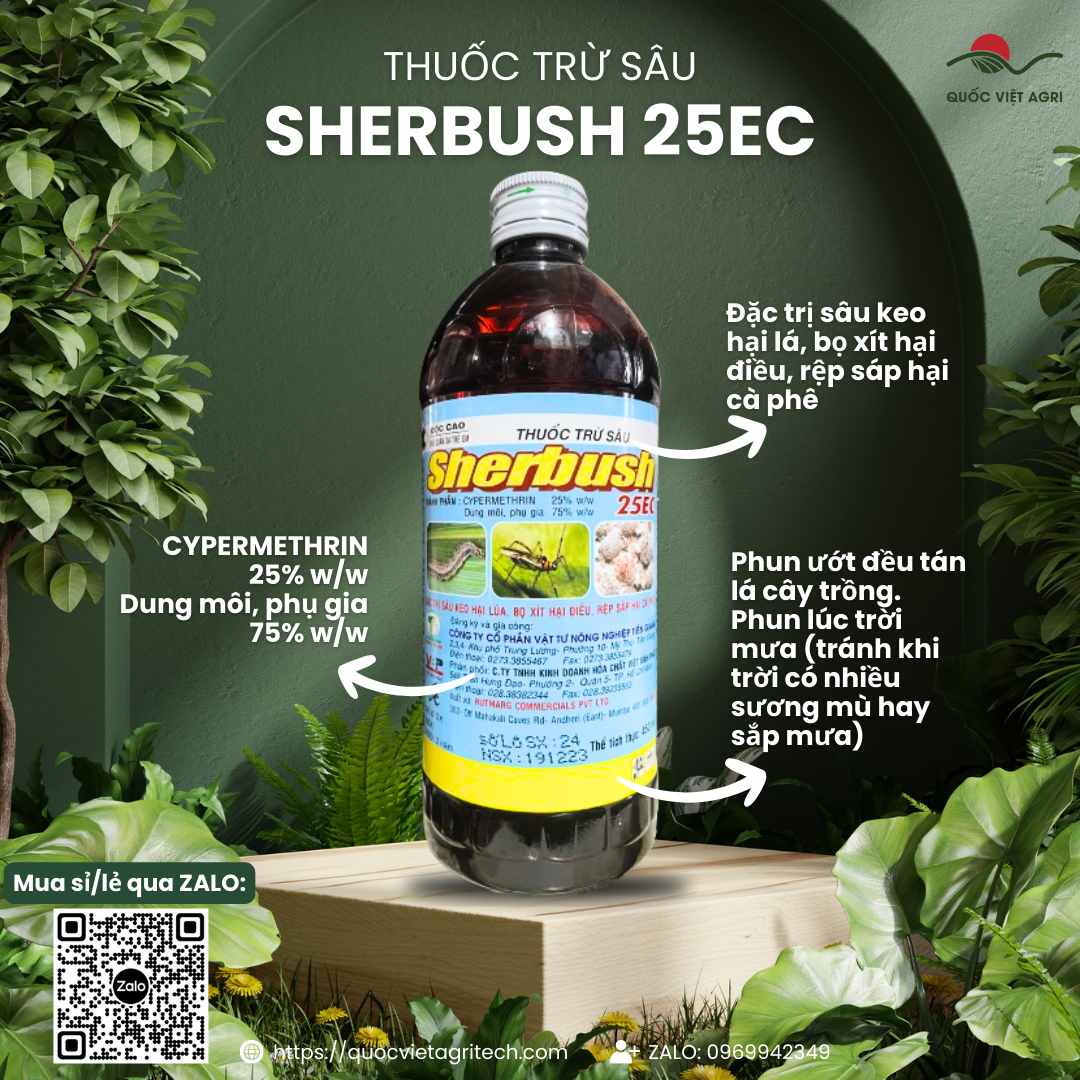 Mặt trước chai thuốc trừ sâu Sherbush 25EC, dung tích 450ml, chuyên dùng để diệt trừ sâu keo, bọ xít, sản phẩm chính hãng của Quốc Việt Agri.