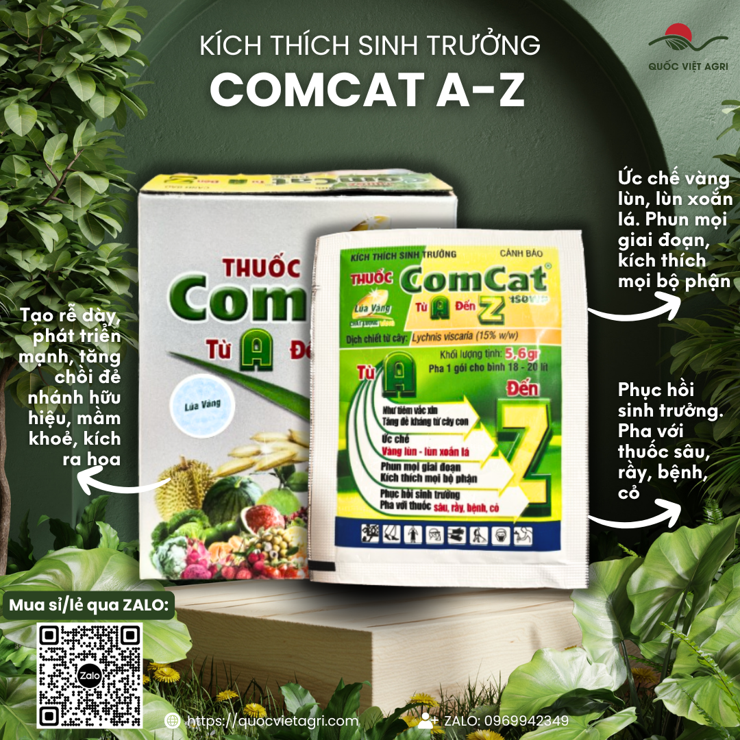 Mặt trước gói phân bón lá COMCAT 150WP (A-Z) 5.6g, nhãn hiệu rõ ràng, phân phối bởi Quốc Việt Agri.