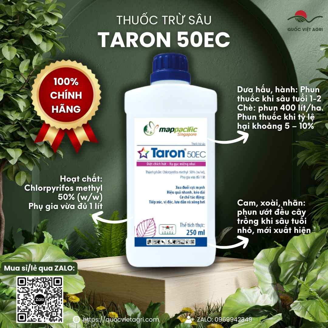 Chai thuốc trừ sâu Taron 50EC, dung tích 250ml, với thiết kế bao bì chuyên nghiệp của Map Pacific.