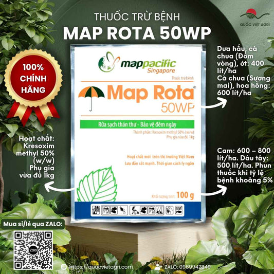 Gói thuốc trừ bệnh Map Rota 50WP 100g, với thiết kế bao bì chuyên nghiệp của Map Pacific.