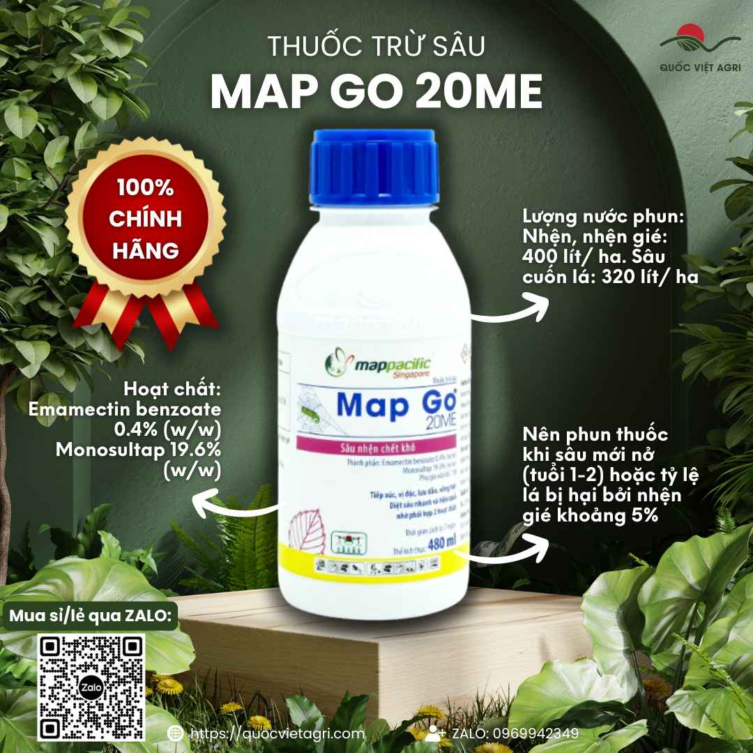 Chai thuốc trừ sâu Map Go 20ME, dung tích 480ml, với thiết kế bao bì chuyên nghiệp của Map Pacific.