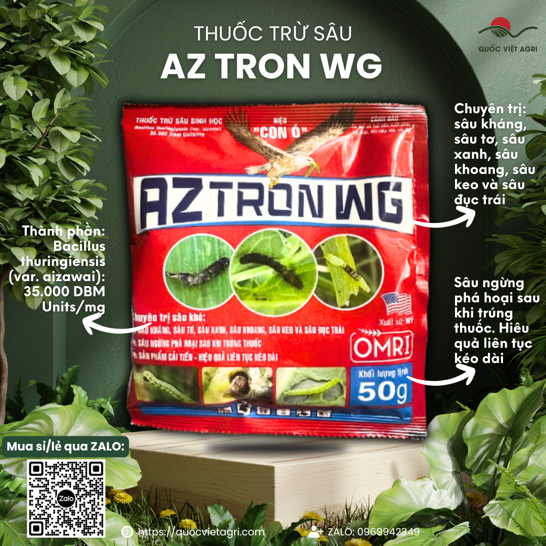 Mặt trước gói thuốc trừ sâu sinh học Aztron WG 50g, có logo BIOSCIENCES.