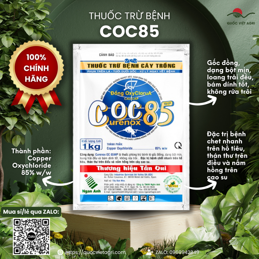 Mặt trước gói thuốc trừ bệnh COC 85 WP (Curenox OC 85WP) 1KG, nhãn hiệu rõ ràng, sản phẩm của Quốc Việt Agri.