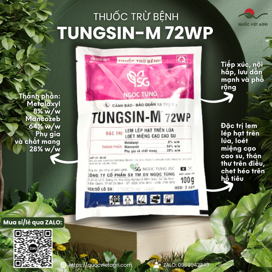 Mặt trước gói thuốc trừ bệnh TUNGSIN-M 72WP 100g (hoặc 1KG), nhãn hiệu rõ ràng, sản phẩm của Quốc Việt Agri.