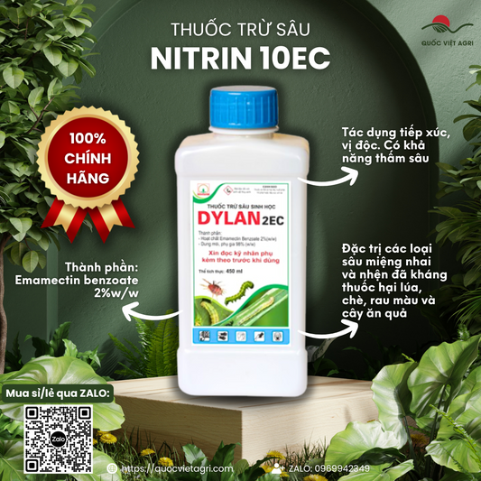Mặt trước chai thuốc trừ sâu sinh học DYLAN 2EC 450ml, nhãn hiệu Nicotex/Phương Nam rõ ràng, phân phối bởi Quốc Việt Agri.