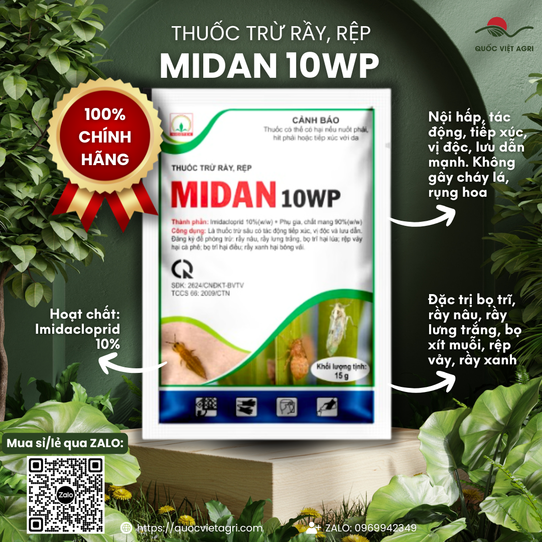 Thuốc Trừ Sâu MIDAN 10WP (15g) – Đặc Trị Rầy, Bọ Trĩ, Côn Trùng Chích Hút, Imidacloprid 10%