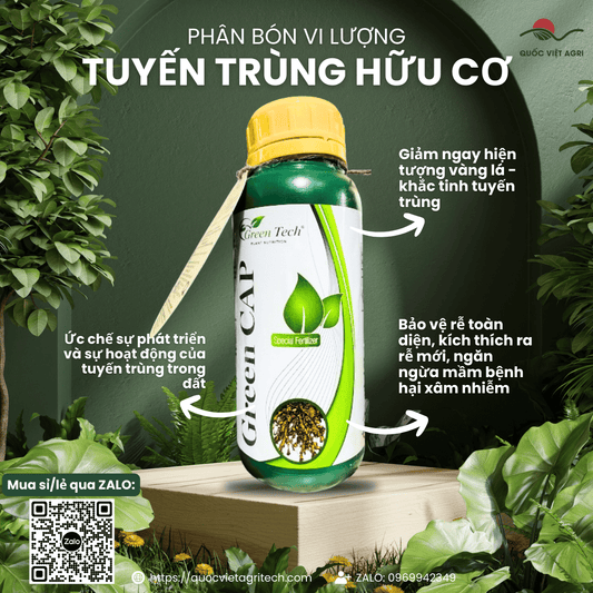 Mặt trước chai Phân bón vi lượng TUYẾN TRÙNG HỮU CƠ (Green Cap) 500ml, nhãn hiệu rõ ràng, sản phẩm của Quốc Việt Agri.