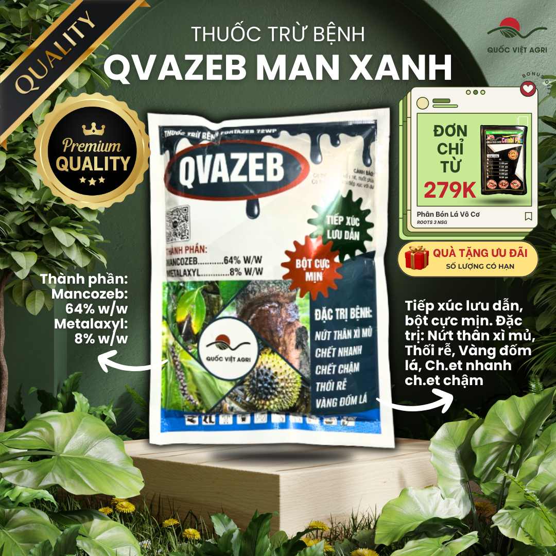 Mặt trước gói thuốc trừ bệnh Qvazeb Xanh (Fortazeb 72WP) 500g, chuyên dùng để đặc trị nứt thân xì mủ, thối rễ, sản phẩm của Quốc Việt Agri.