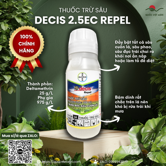 Mặt trước chai thuốc trừ sâu DECIS 2.5EC Repel Bayer 100ml, nhãn hiệu Bayer rõ ràng, phân phối bởi Quốc Việt Agri.