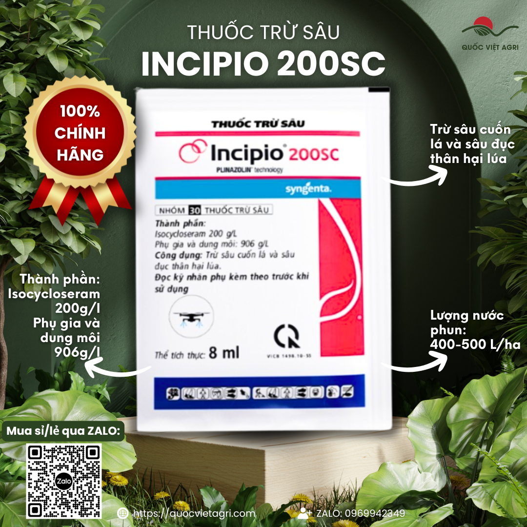 Gói thuốc trừ sâu INCIPIO 200SC 8ml từ Syngenta, mặt trước với thông tin rõ về hoạt chất và công dụng diệt sâu cuốn lá, sâu đục thân.