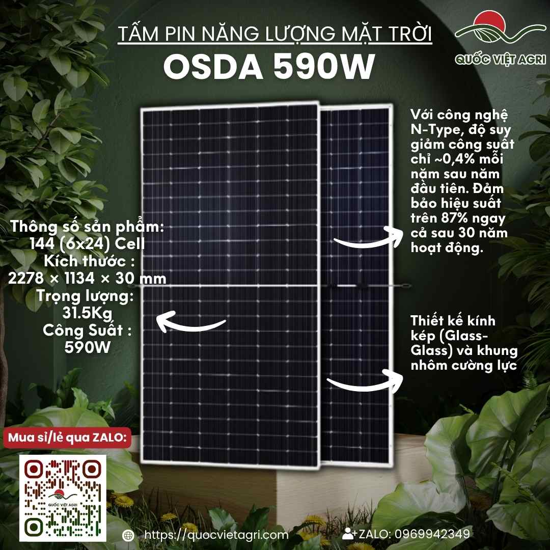 Mặt trước tấm pin năng lượng mặt trời OSDA 590W N-Type Bifacial, hiệu suất 22.8%, chính hãng.
