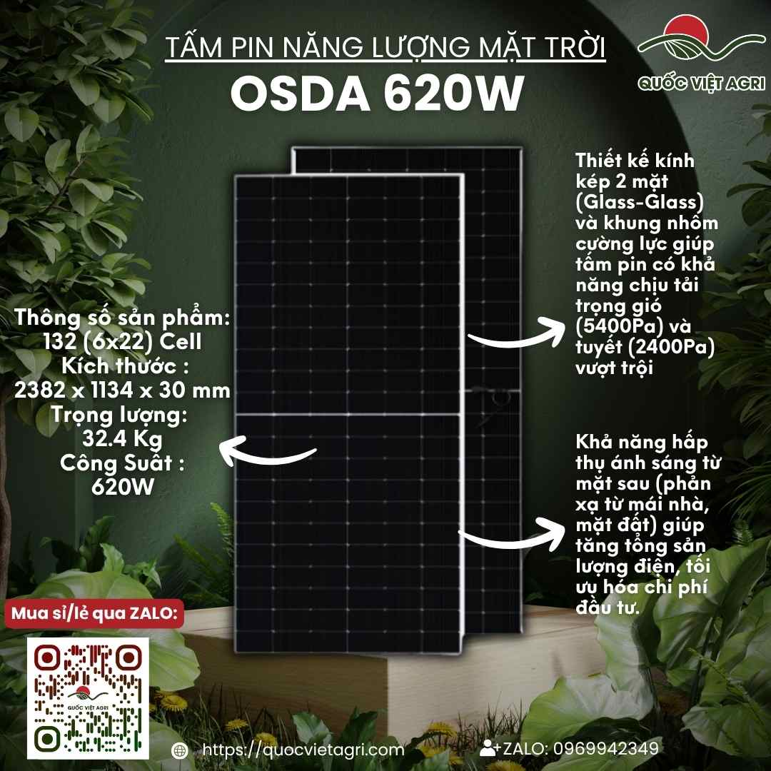 Mặt trước tấm pin năng lượng mặt trời OSDA 620W N-Type Bifacial, hiệu suất 23.8%, chính hãng.