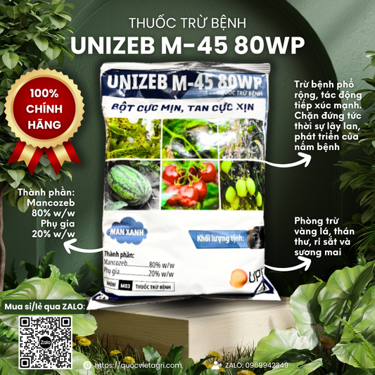 Mặt trước gói thuốc trừ bệnh UNIZEB M-45 80WP (100g hoặc 1KG), nhãn hiệu UPL (hoặc tương đương) rõ ràng, Mancozeb Xanh, phân phối bởi Quốc Việt Agri.