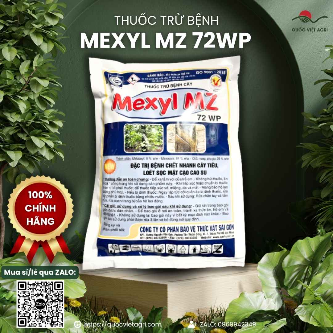 Cận cảnh gói thuốc trừ bệnh Mexyl MZ 72WP với thành phần Metalaxyl 8% và Mancozeb 64%.