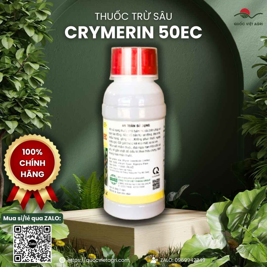 Mặt sau chai thuốc trừ sâu Crymerin 50EC với phần hướng dẫn an toàn sử dụng in trên nhãn.