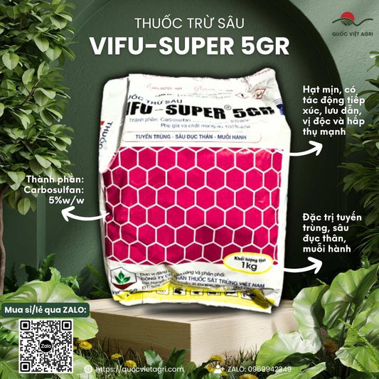 Mặt trước gói thuốc trừ sâu rải gốc Vifu Super 5GR 1KG, chuyên dùng để đặc trị tuyến trùng, sâu đục thân, sản phẩm chính hãng của Quốc Việt Agri.