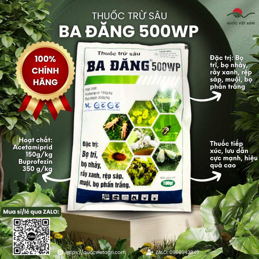 Mặt trước gói thuốc trừ sâu Ba Đăng 500WP 100g, chuyên dùng để đặc trị rệp sáp, bọ trĩ, sản phẩm chính hãng của Quốc Việt Agri.