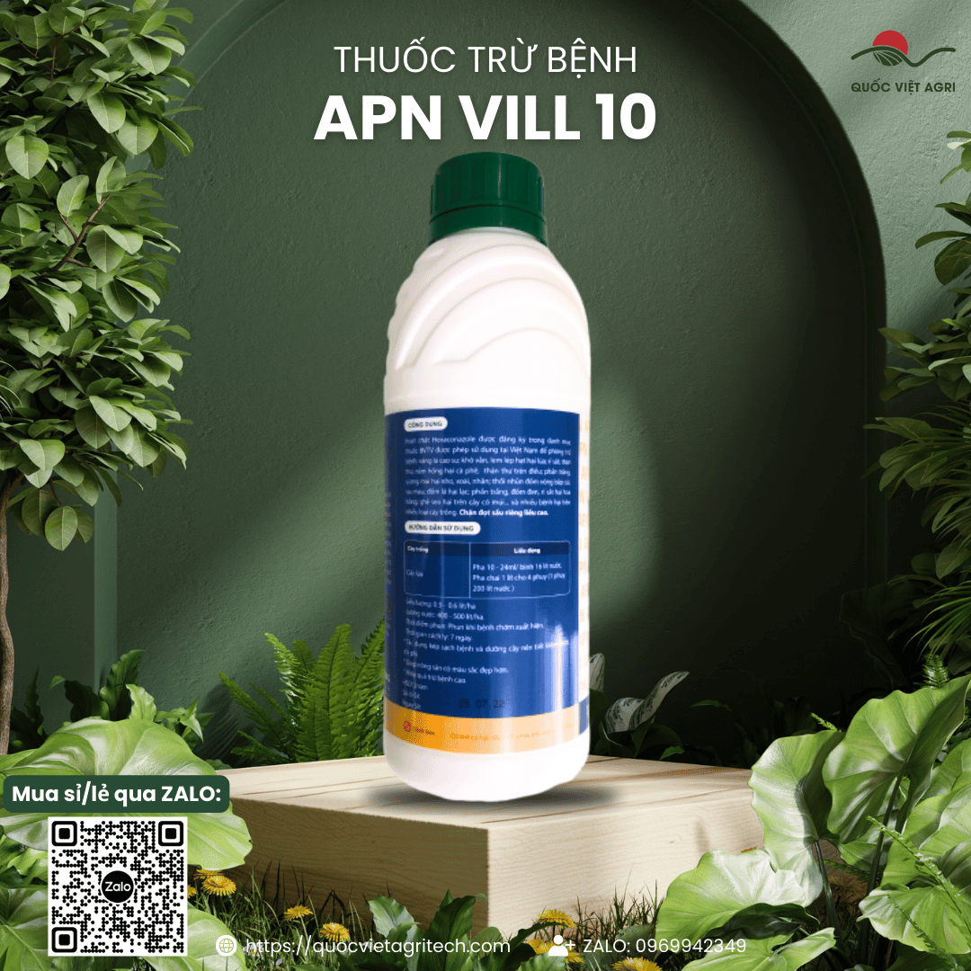 Mặt sau chai thuốc trừ bệnh APN VILL 10 (An Phát Nông) 1 Lít, hiển thị rõ thông tin thành phần (Hexaconazole 100g/lít) và hướng dẫn sử dụng chi tiết.