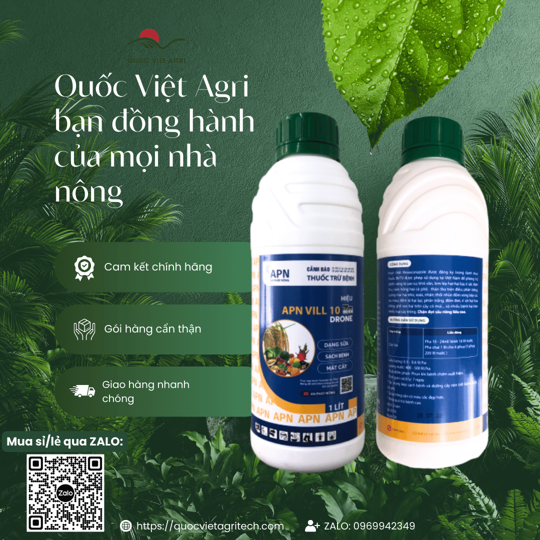 Hình ảnh hai mặt (trước và sau) của chai thuốc trừ bệnh APN VILL 10 (An Phát Nông) 1 Lít, đầy đủ nhãn mác và thông tin sản phẩm.