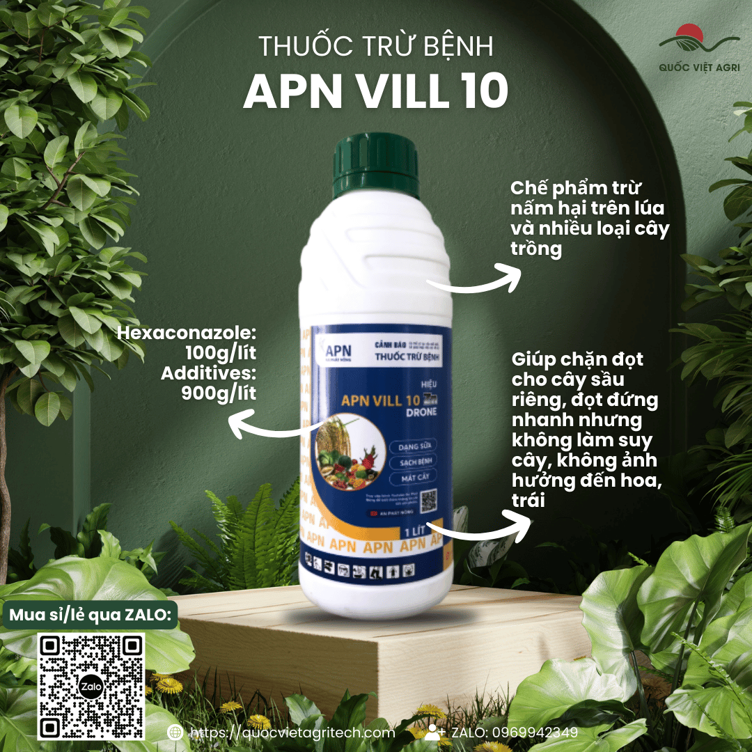 Mặt trước chai thuốc trừ bệnh APN VILL 10 (An Phát Nông) 1 Lít, nhãn hiệu An Phát Nông rõ ràng, phân phối bởi Quốc Việt Agri.