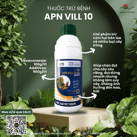 Mặt trước chai thuốc trừ bệnh APN VILL 10 (An Phát Nông) 1 Lít, nhãn hiệu An Phát Nông rõ ràng, phân phối bởi Quốc Việt Agri.