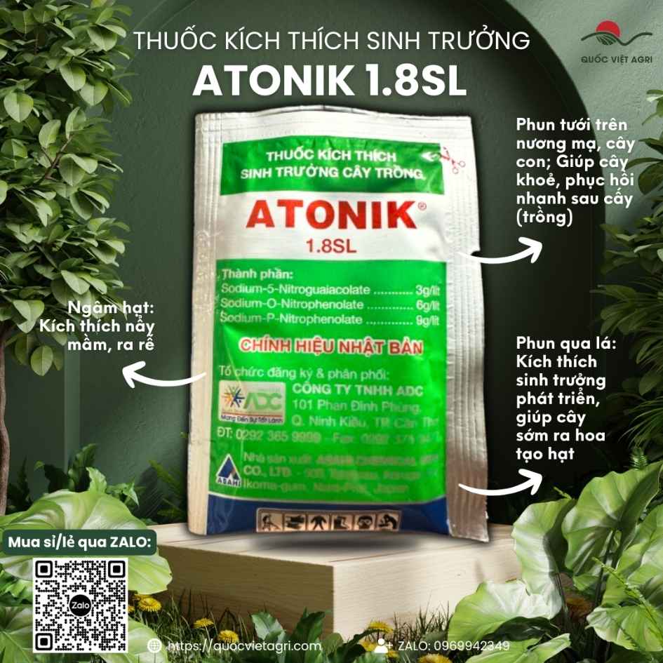 Mặt trước gói Kích thích sinh trưởng cây trồng ATONIK 1.8SL 10ml, chính hiệu Nhật Bản, dùng cho rau, lúa, hoa kiểng.
