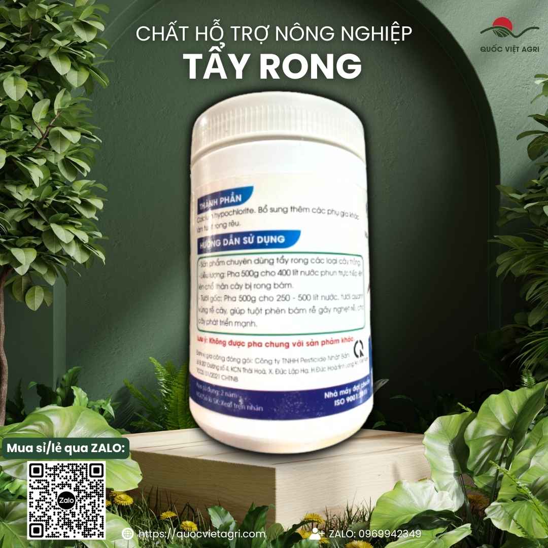 Chi tiết bột tẩy rong rêu với thành phần Calcium hypochlorite và hướng dẫn liều lượng pha.