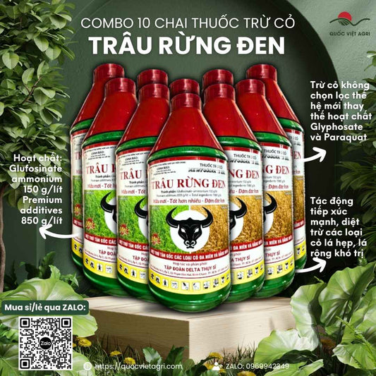 Mặt trước chai thuốc trừ cỏ Trâu Rừng Đen 150SL 900ml, chuyên dùng để khai hoang, diệt cỏ tranh, sản phẩm công nghệ Thụy Sĩ.