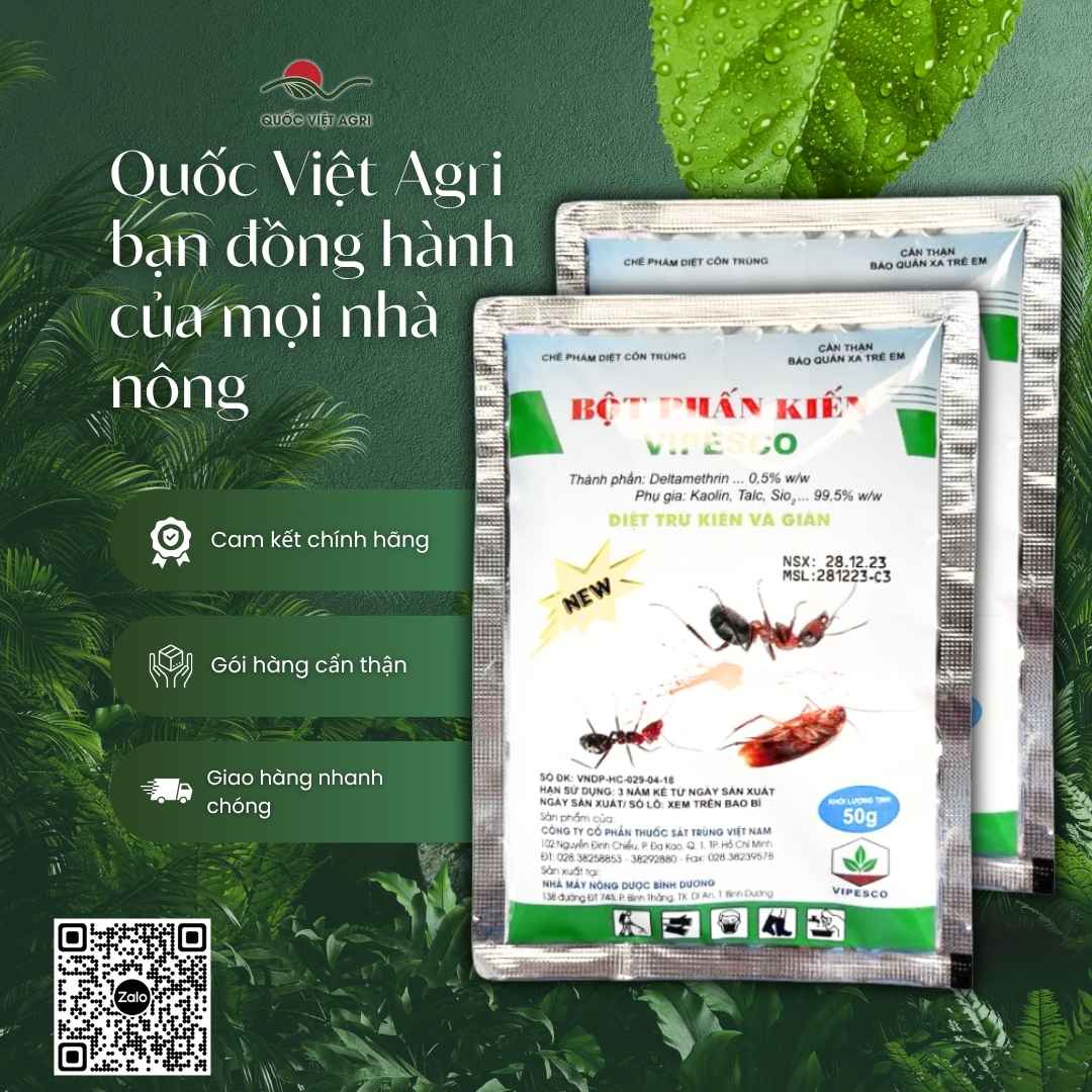 Bảng thành phần Deltamethrin 0.5% mặt sau túi bột phấn Vipesco.