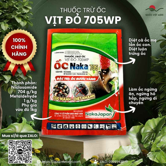 Mặt trước gói thuốc trừ ốc Vịt Đỏ 705WP 70g, chuyên dùng để diệt ốc bươu vàng và trứng ốc, sản phẩm chính hãng.
