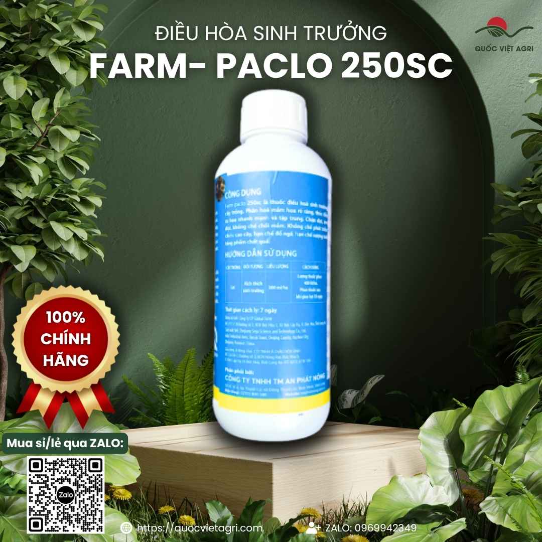 Mặt sau chai Farm-Paclo 250SC 1 Lít với thông tin thành phần Paclobutrazol và hướng dẫn tưới gốc cho cây ăn trái.