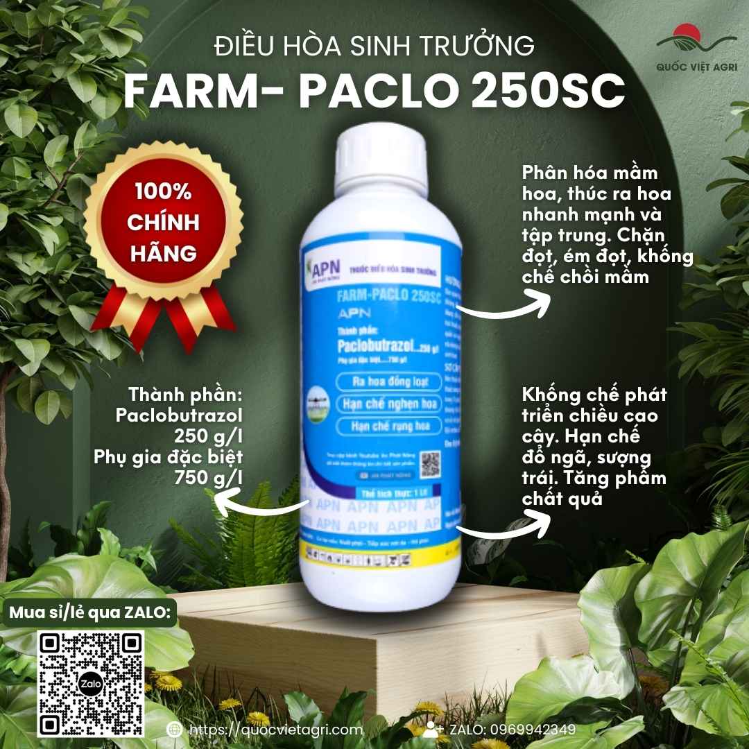 Mặt trước chai điều hòa sinh trưởng Farm-Paclo 250SC 1 Lít, chuyên dùng để kích thích ra hoa nghịch vụ, sản phẩm chính hãng An Phát Nông.