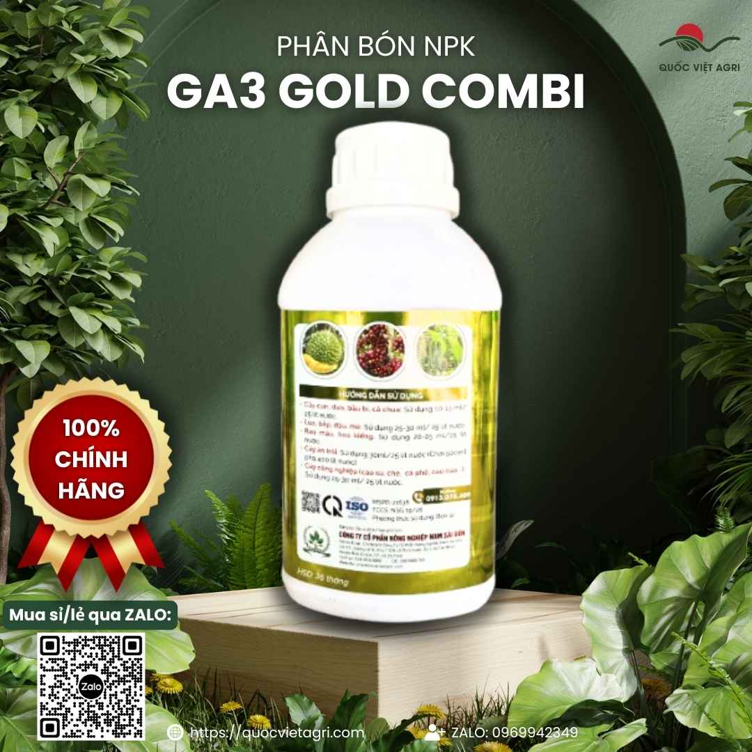 Mặt sau chai Phân bón lá NPK vi lượng GA3 GOLD COMBI 500ml, nhãn mác rõ ràng.