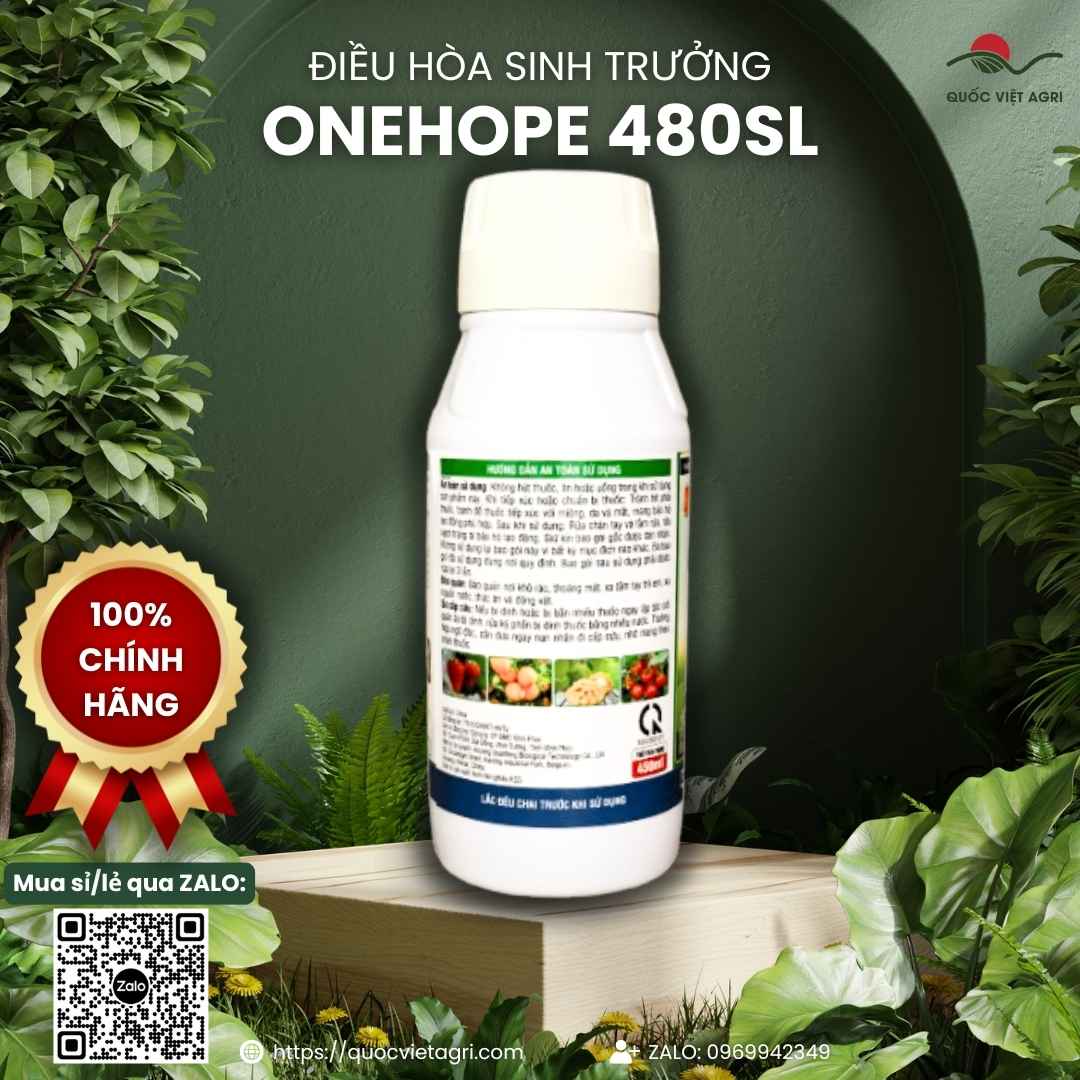 Mặt trước chai điều hòa sinh trưởng Onehope 480SL 450ml, chuyên dùng để kích thích mủ cao su, xử lý trái chín đồng loạt.