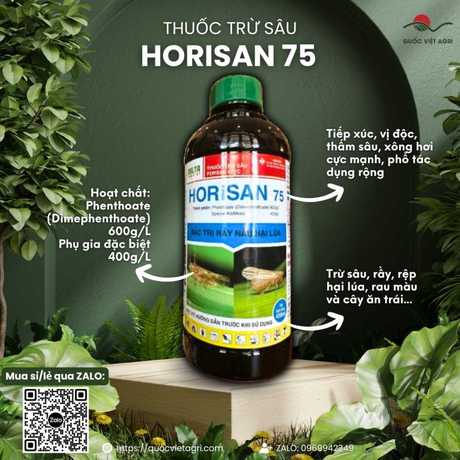 Mặt trước chai thuốc trừ sâu HORISAN 75 60EC 450ml, chứa Phenthoate 600g/l, đặc trị rầy nâu hại lúa.