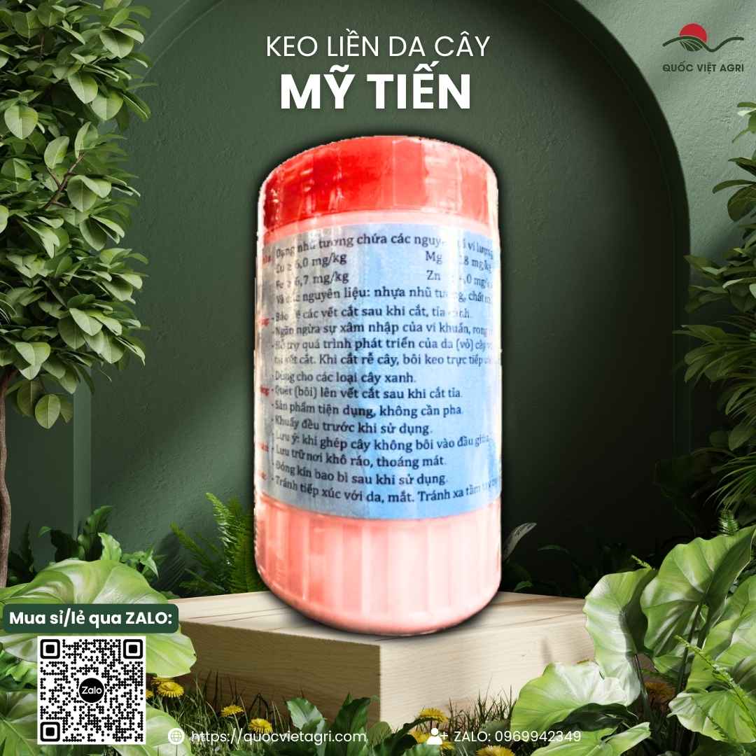 Mặt sau hũ keo liền da cây MỸ TIẾN 225g, chuyên dùng cho cây cảnh, bonsai, giúp liền sẹo vết cắt.