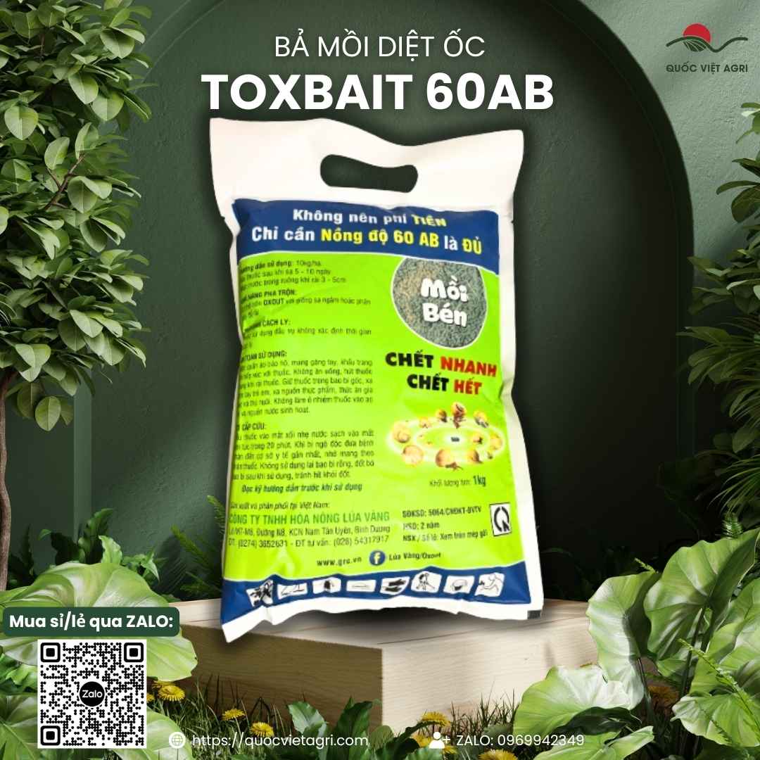 Mặt sau gói bả diệt ốc Toxbait 60AB 1kg với thông tin thành phần hoạt chất Metaldehyde và hướng dẫn sử dụng chi tiết.