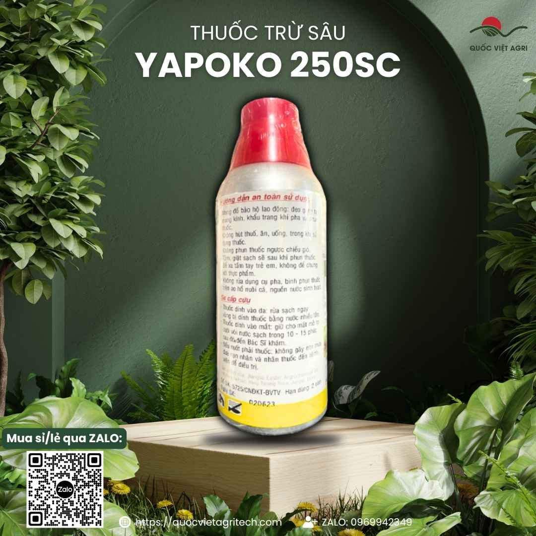 Mặt sau chai thuốc trừ sâu Yapoko 250SC 480ml với thông tin thành phần Lambda-cyhalothrin, Thiamethoxam và hướng dẫn sử dụng.