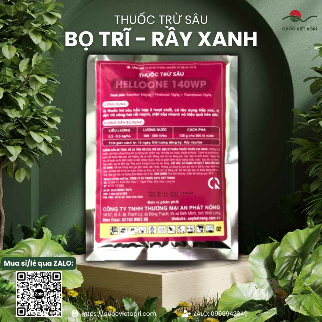 Mặt sau gói thuốc trừ sâu Hello One 140WP 120g với thông tin 3 thành phần hoạt chất và hướng dẫn sử dụng chi tiết.